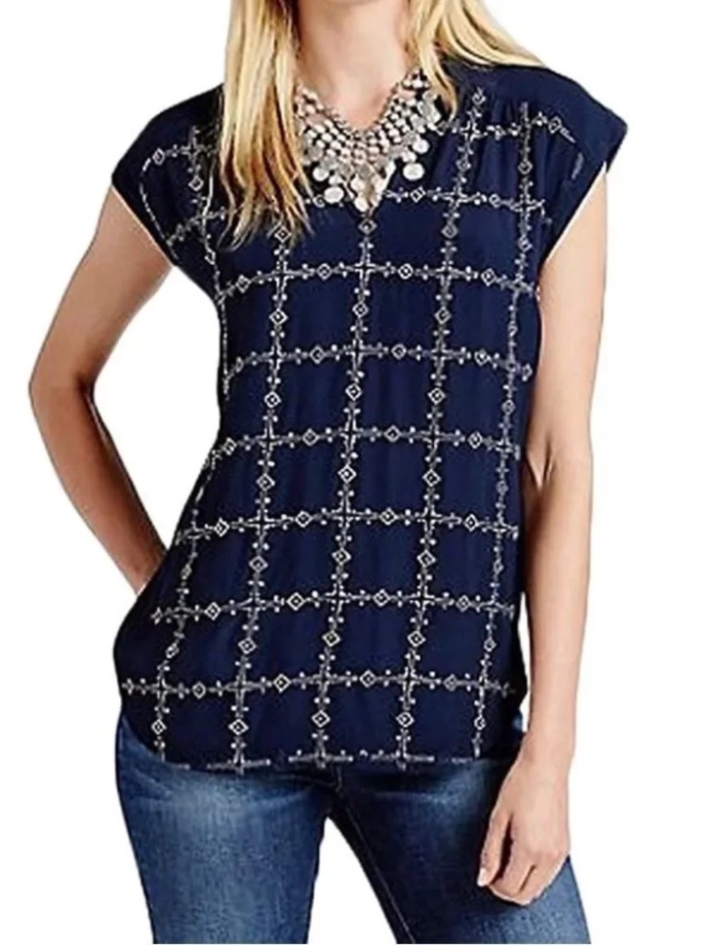 NEW Lucky Brand Beaded Embellished Top Navy